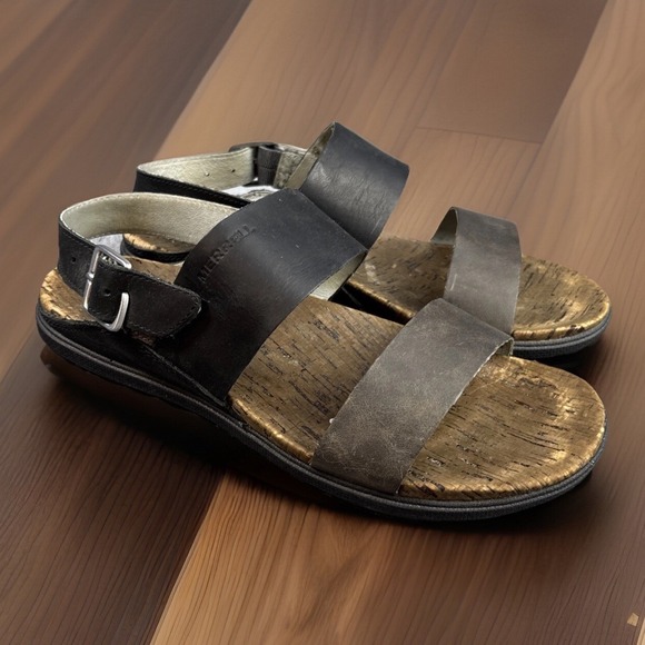 Merrell Around Town Backstrap Sandals 7 Leather Black Sling Back Buckle Flat - Picture 1 of 16